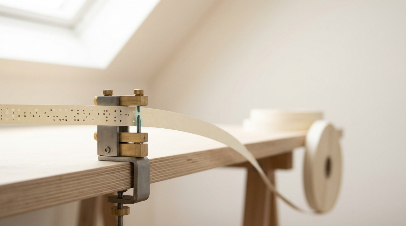 A long paper tape marked with symbol cells passes through a small reader mechanism on a workbench, most cells still blank
