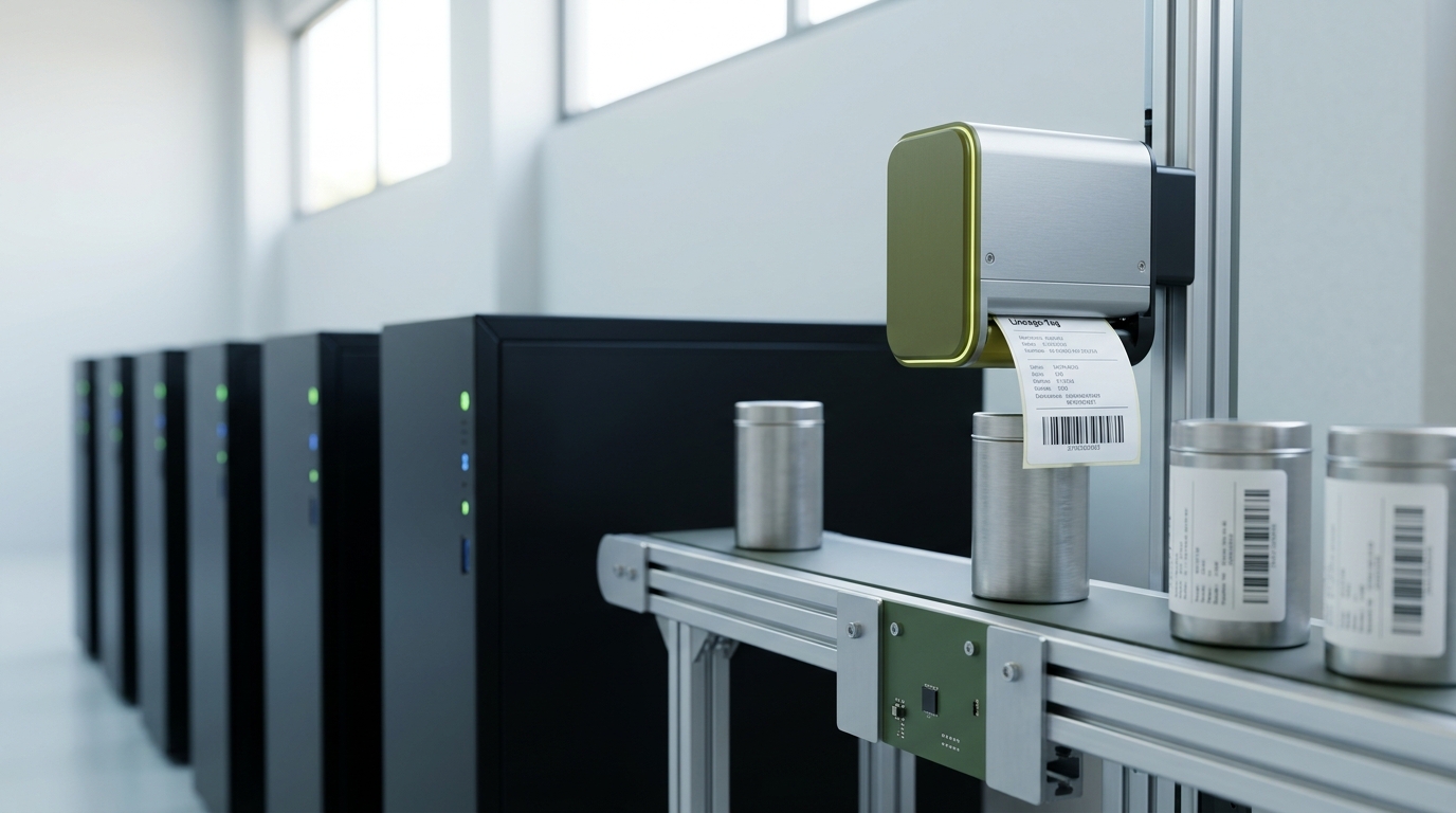 A modern synthetic-data generation cluster with a lineage-tag printer caught mid-print, applying a provenance label to a canister of freshly generated reasoning-trace data as it leaves the line