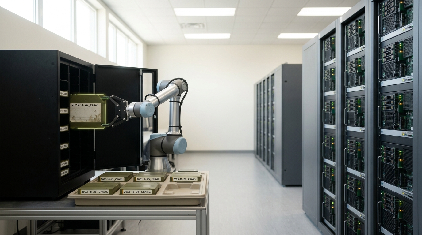A robotic tape-library arm in a web-crawl ingestion room caught mid-motion with a dated crawl-dump cartridge only part-seated in its storage slot
