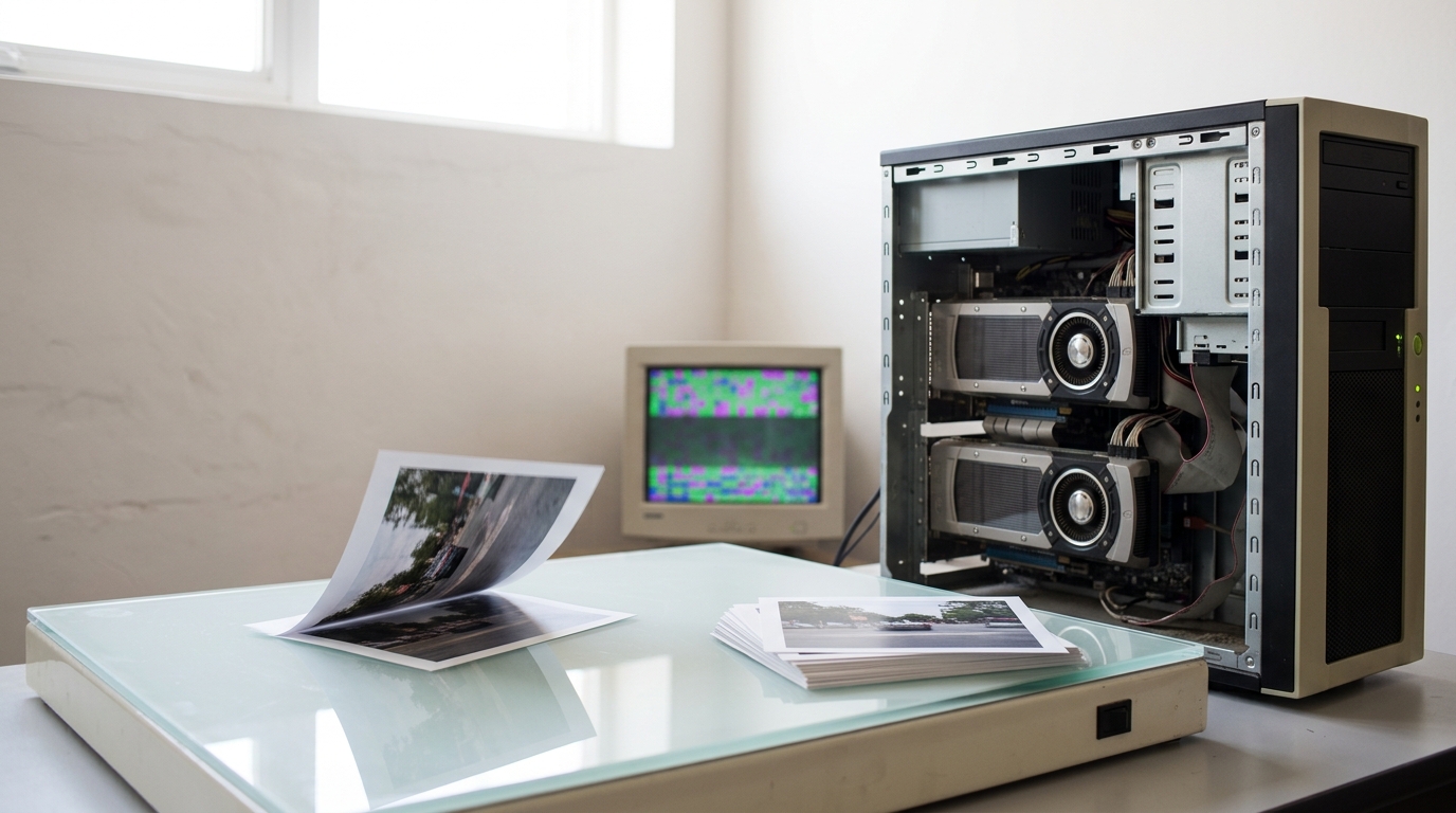 A 2012-era dual-GPU research workstation beside a light table where a printed training photograph is caught rotating through its own mirrored reflection, not yet settled into a flipped duplicate