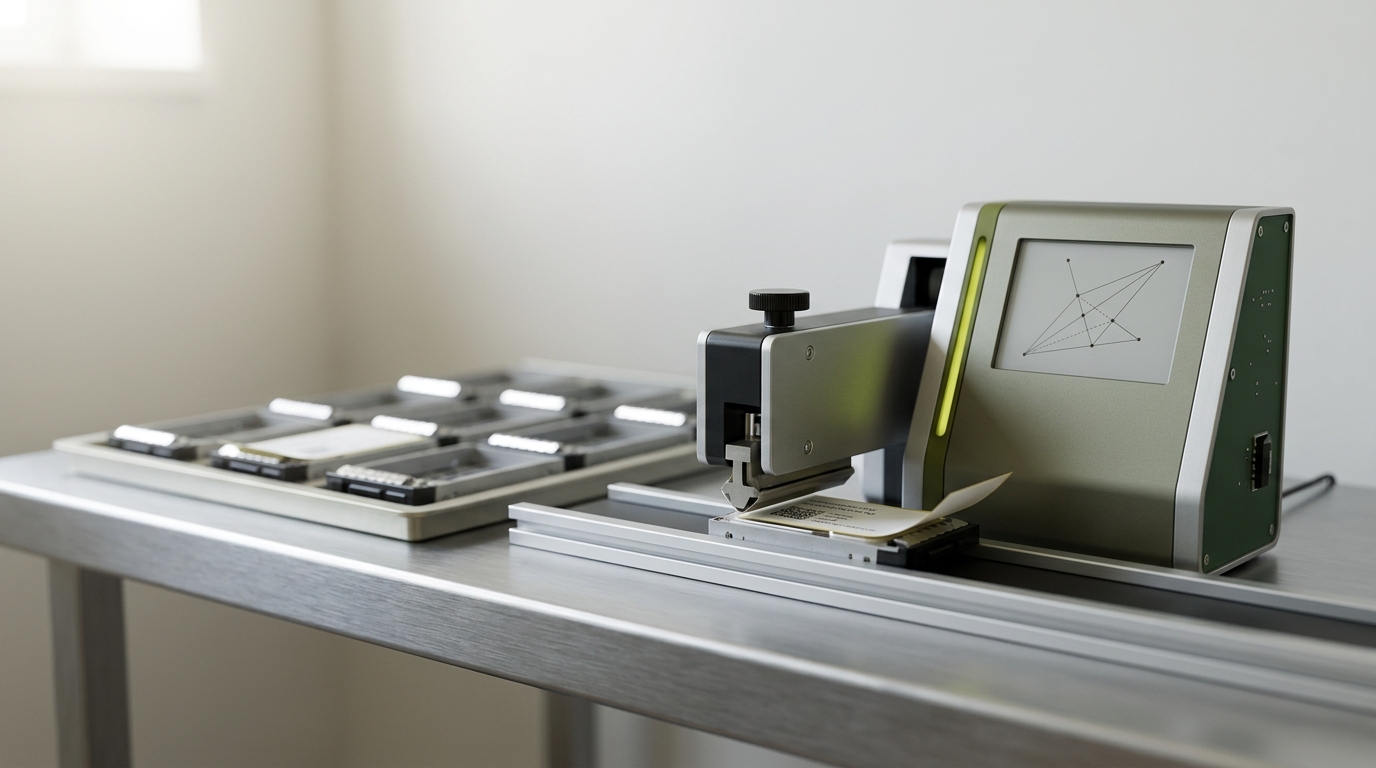 A theorem-prover verification terminal with an automated label applicator caught mid-motion pressing a certification tag onto a drive caddy, a sparse geometric construction visible on a small screen beside it