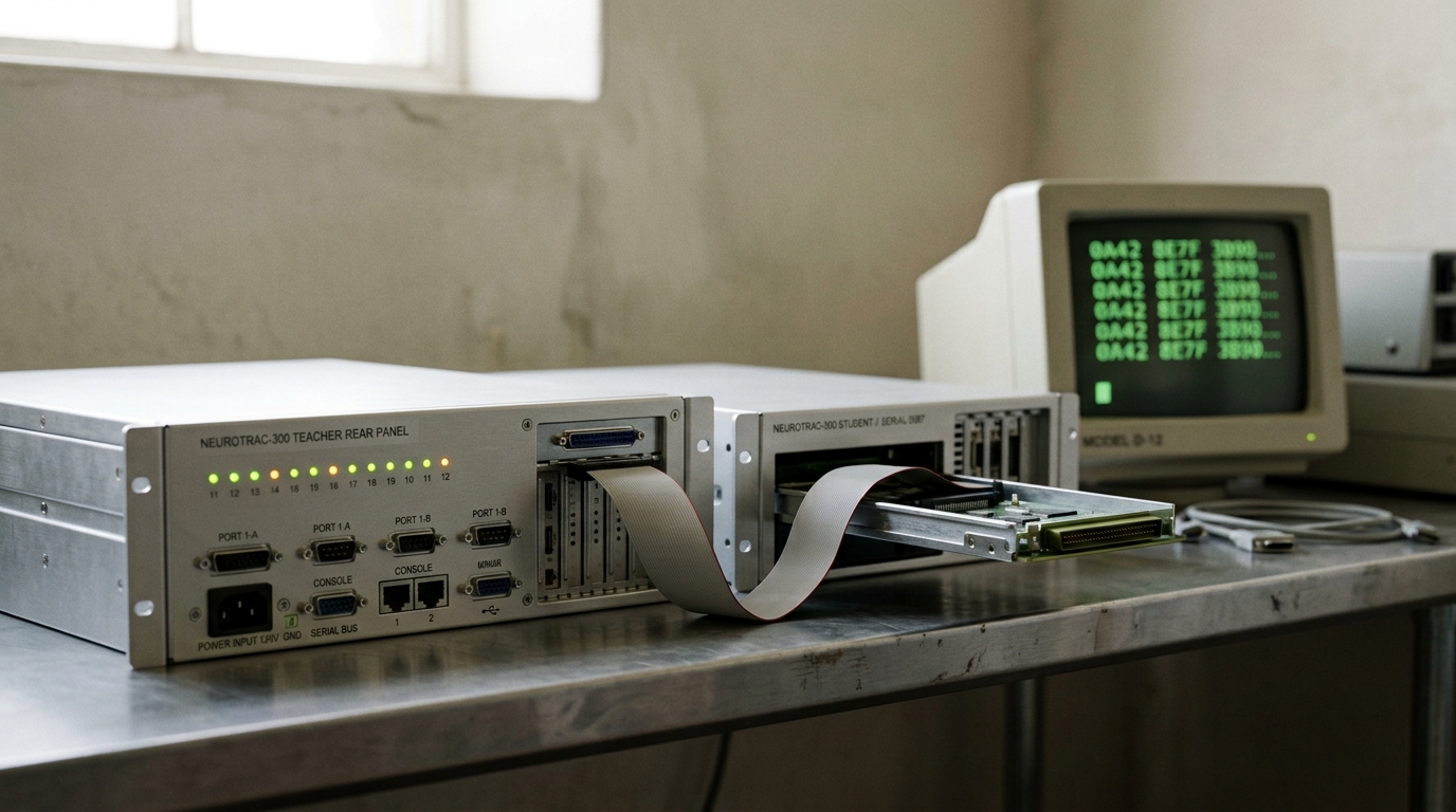 A wide "teacher" server and a smaller "student" server linked by one data cable, the student's drive tray caught half-seated as it takes on a fresh load