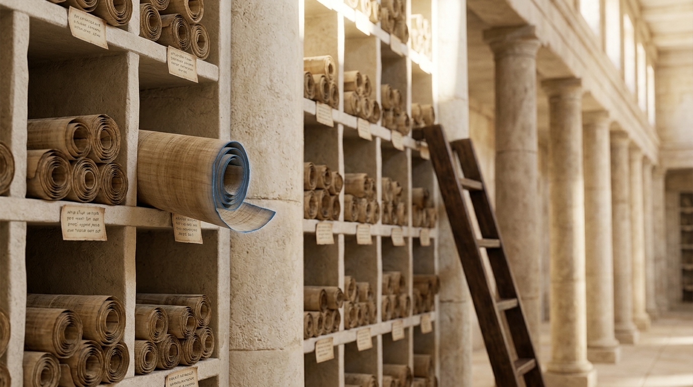 Papyrus scrolls in labeled pigeonhole shelving inside a reconstructed ancient library hall