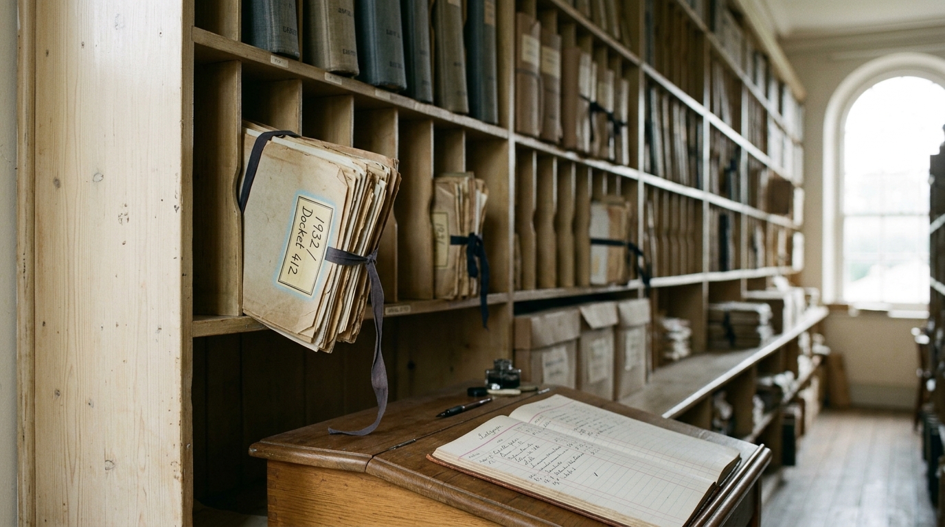 A records office with pigeonhole shelving of bound ledgers and a half-filed docket