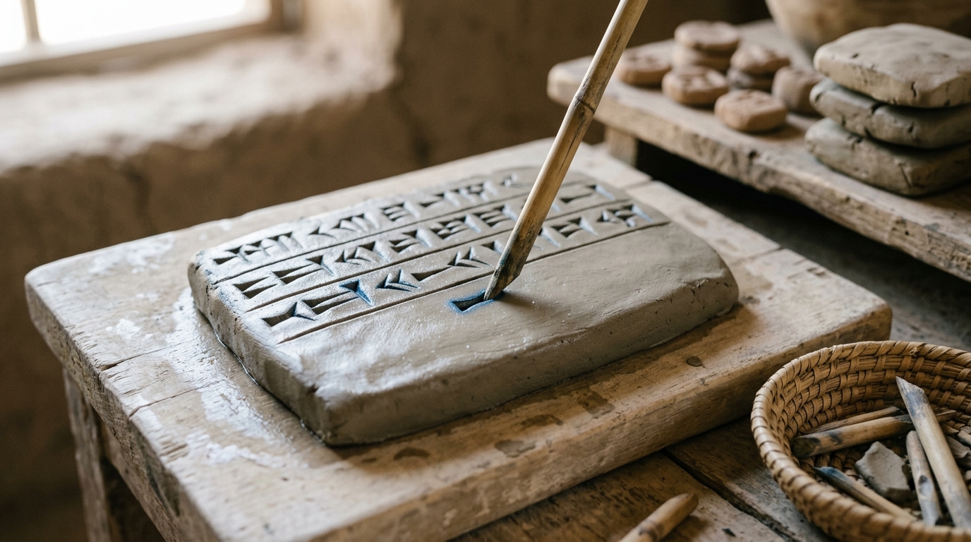 A wet clay tablet mid-impression under a reed stylus on a scribe's cutting bench