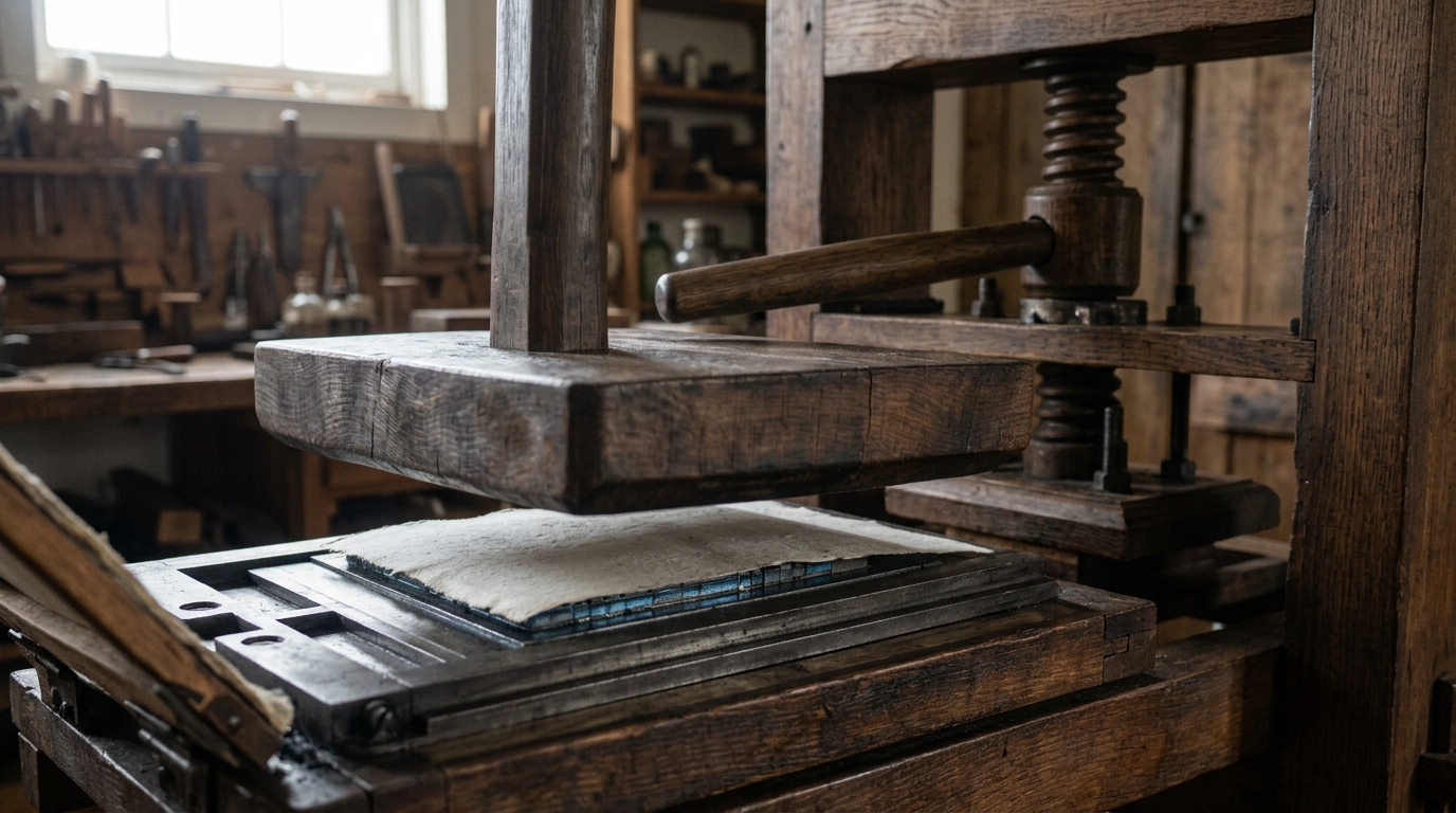 A wooden common printing press mid-pull with a freshly inked type forme