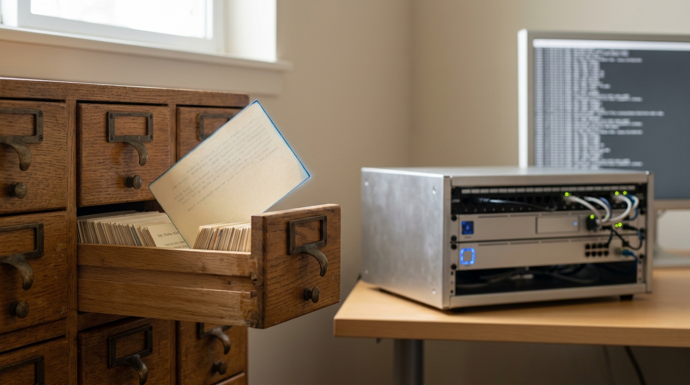 A library card catalog drawer half-open beside a rack of humming index servers