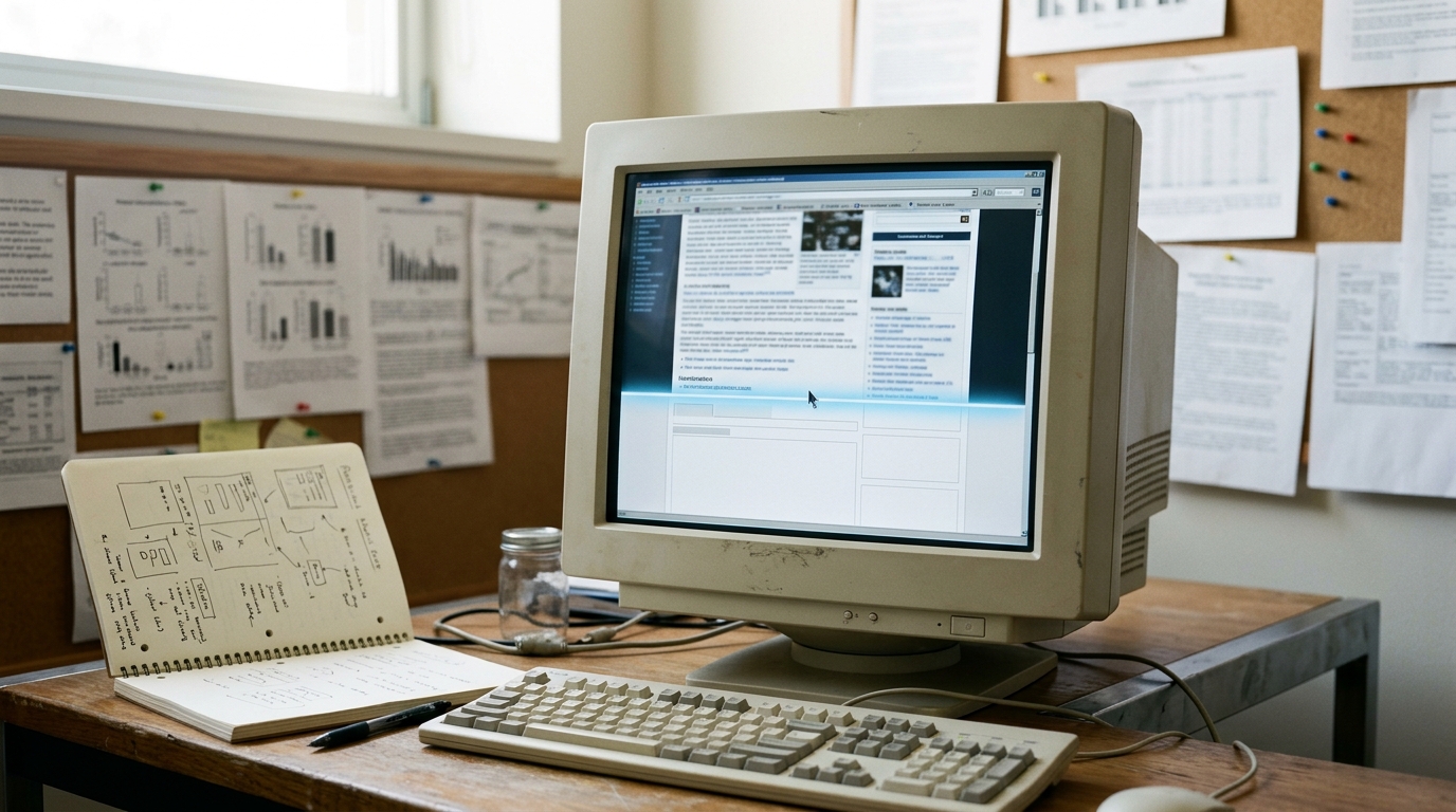 A researcher's desk with a workstation mid-scroll through linked hypertext pages