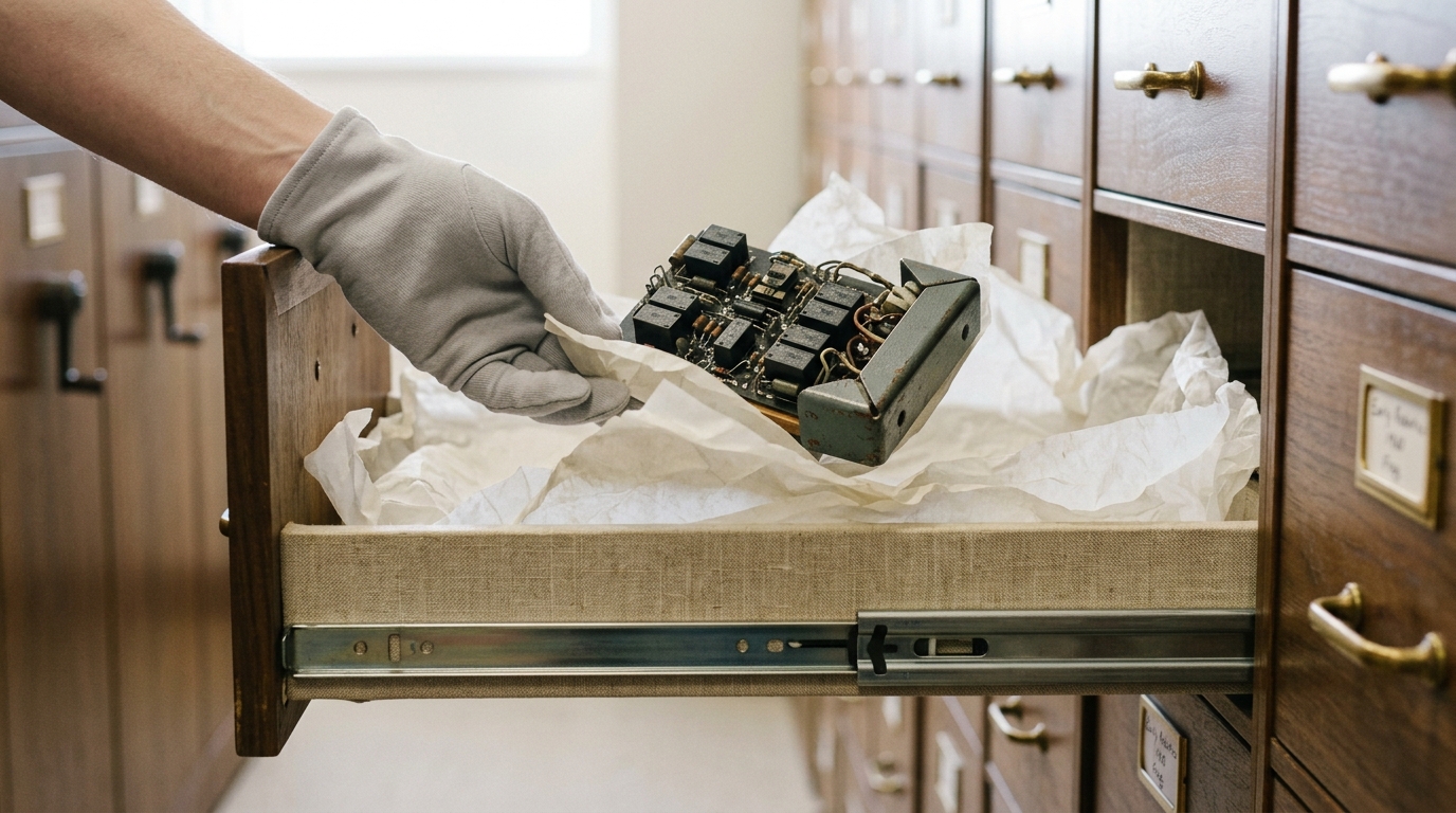 A walnut archive drawer pulled fully open holding a small wheeled robot chassis fragment and a relay-logic board, the fragment caught mid-lift with one corner of tissue paper still cradling it