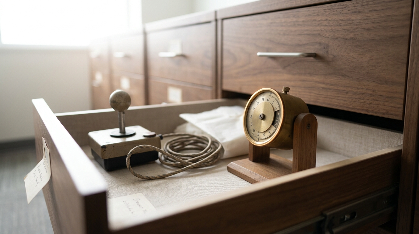 A second archive drawer open on an arcade-style joystick controller and a small brass mechanical counter, its dial caught mid-turn with a coiled cable trailing back into the tissue lining