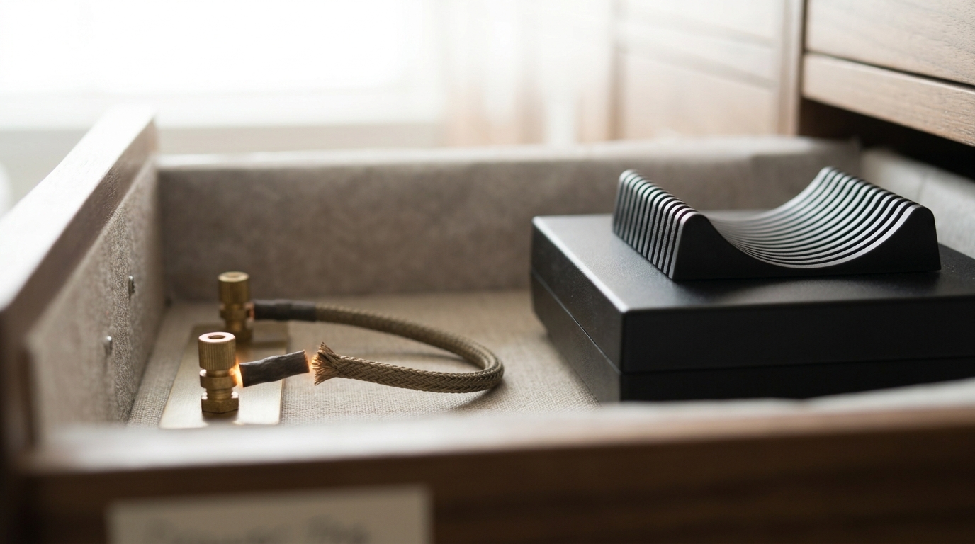 A third archive drawer holding a compact acoustic-coupler modem unit and a short loop of braided cable, one end of the loop caught just short of a second terminal post