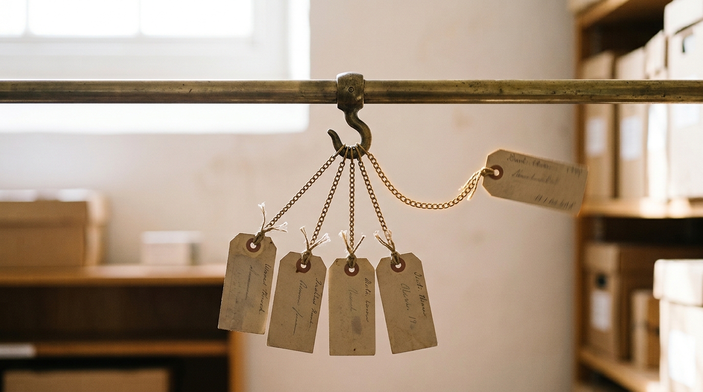 A brass timeline rail with one master hook holding a fan of several archival tags branching from it, one tag caught still swinging as if just released into place