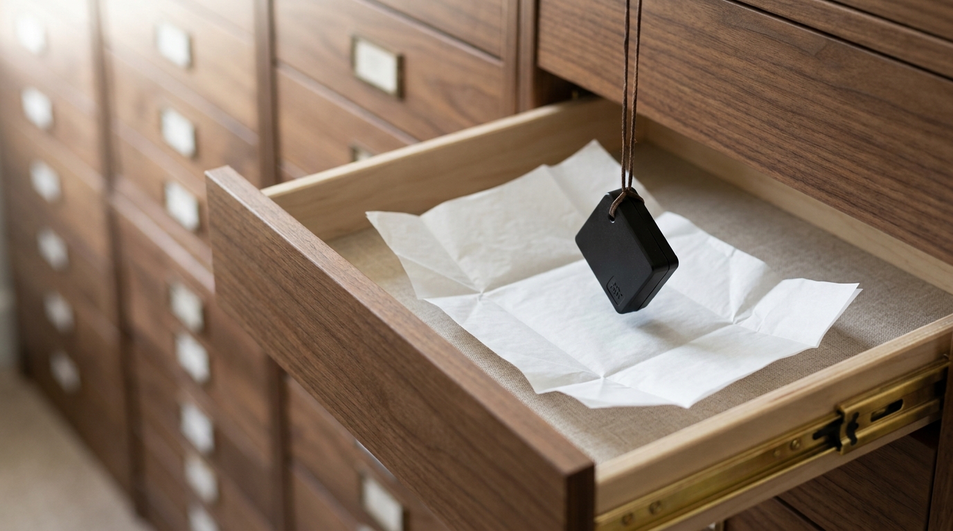 A brass timeline rail hung with archival tags in a bright archive room, a compact modern circuit module caught lowering toward the last empty hook while a walnut drawer cabinet recedes down the facing wall