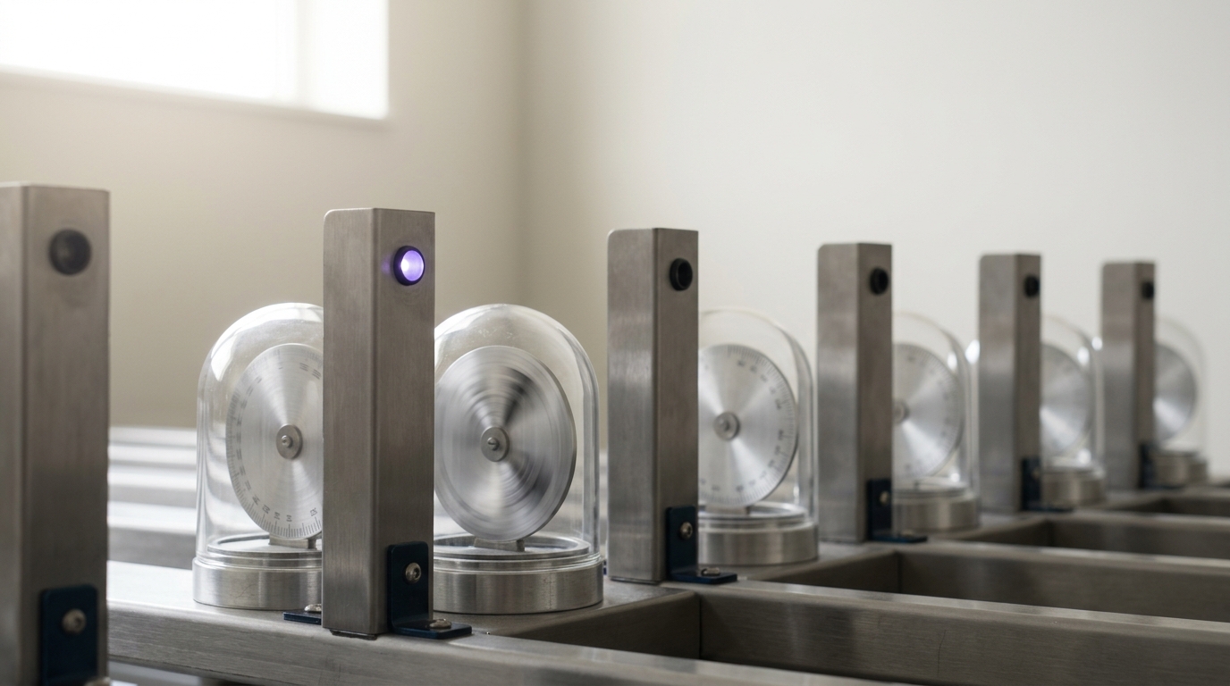 A row of photocell finish gates and spun-aluminium utility meters at the end of five lanes, one lane's first-token lamp just tripped and its meter disc caught mid-spin while the other lanes remain dark and at rest