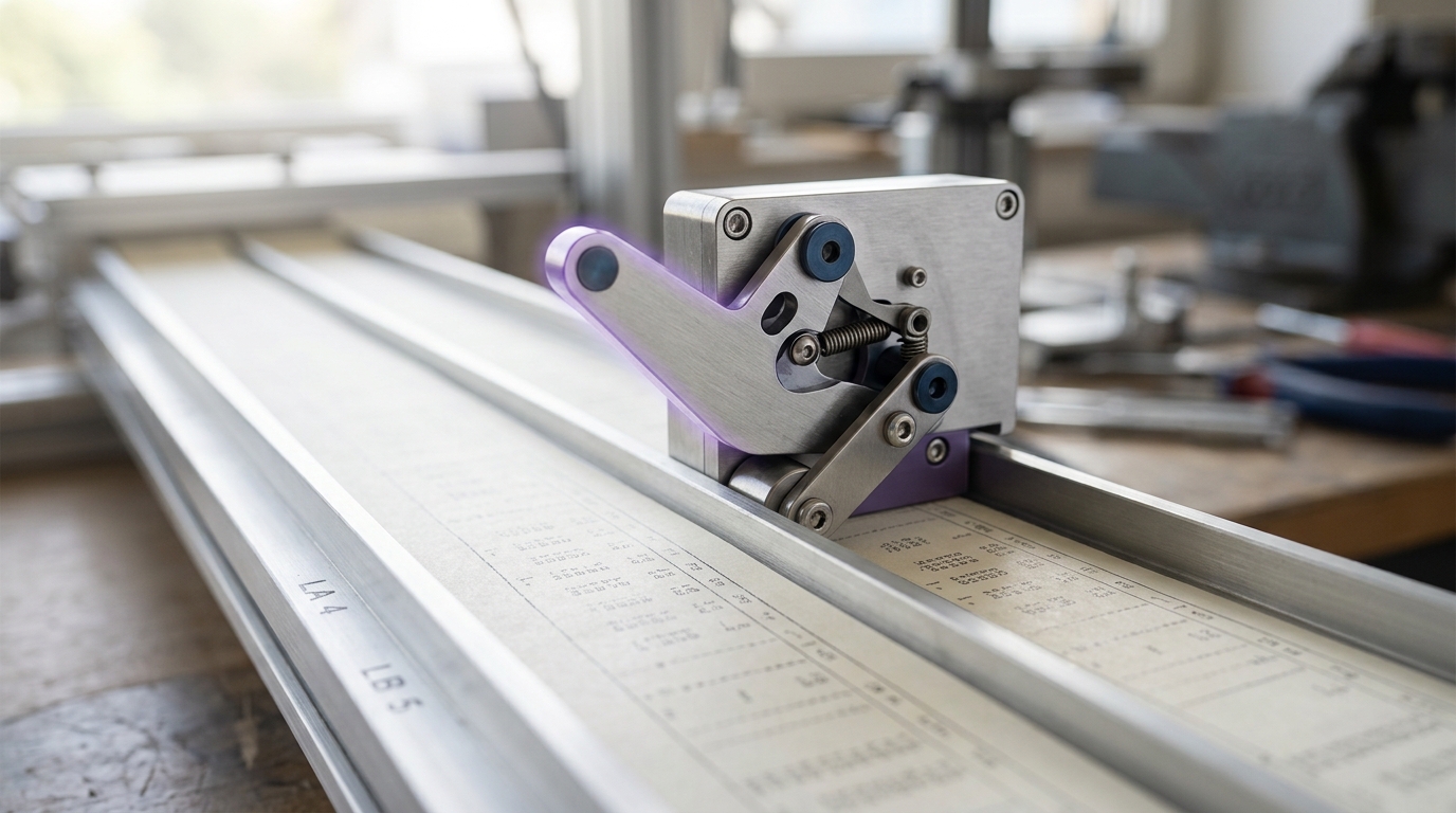 Two paper output strips from two lanes feeding side by side into a mechanical comparison gate, its toggle arm caught mid-throw tipping toward one strip with neither strip yet retracted