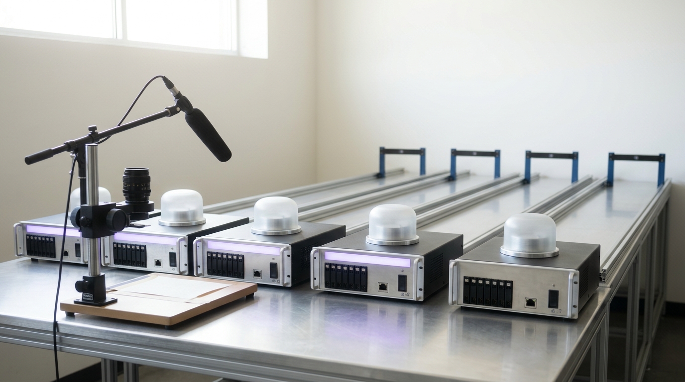 Five parallel lanes of an independent model-comparison test rig on one long bench, an identical prompt pulse just released down all five at once, each lane's intake lamp lit but no finish gate yet tripped