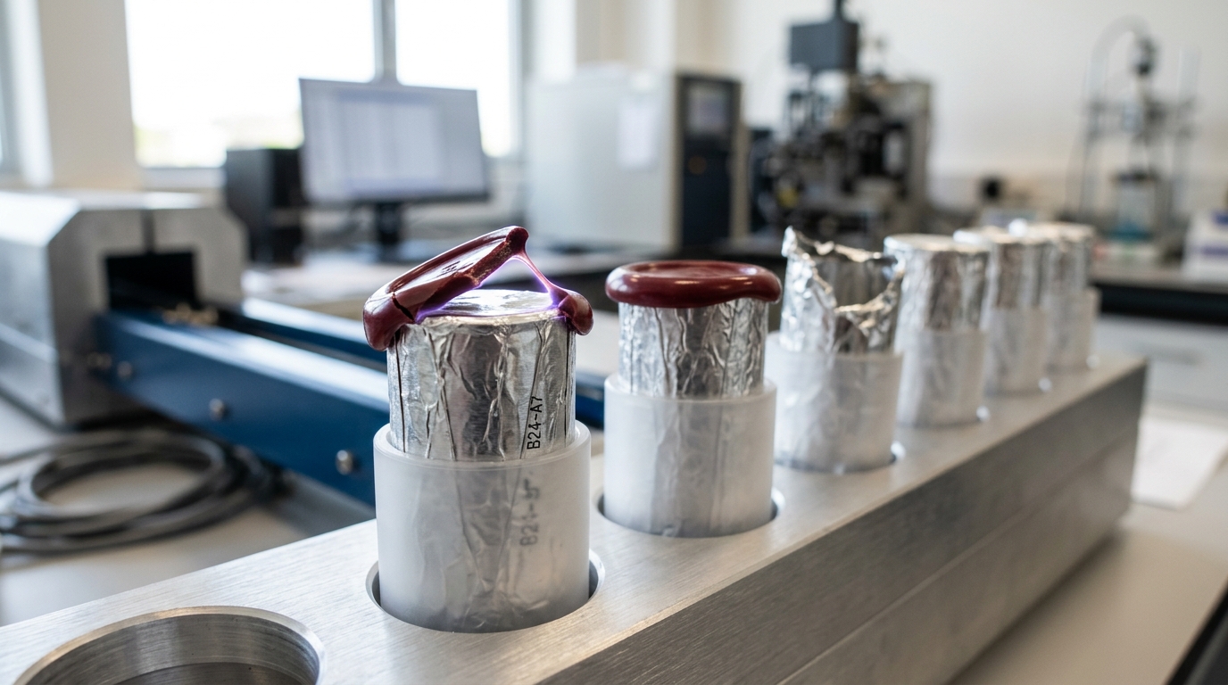 A loading tray of foil-wrapped test-problem cartridges beside one lane's intake, one cartridge's wax seal caught mid-crack and lifted only partway while its neighbours sit with seals still unbroken