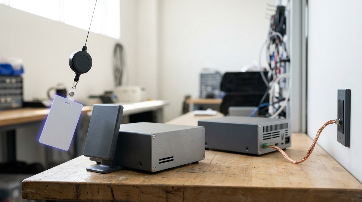 A small matte badge reader beside one server box with a badge on a retractable reel swinging a finger's width short of the plate, and a second server box beside it linked by a bare wire jumper already landed on a wall credential panel