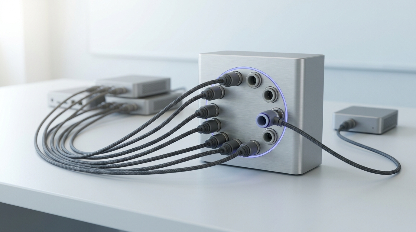 A compact hub appliance with a ring of uniform push-fit ports, most already carrying matched slim cables out to small server boxes, one new spoke cable caught half into an open port with its collar standing proud and not yet clicked home