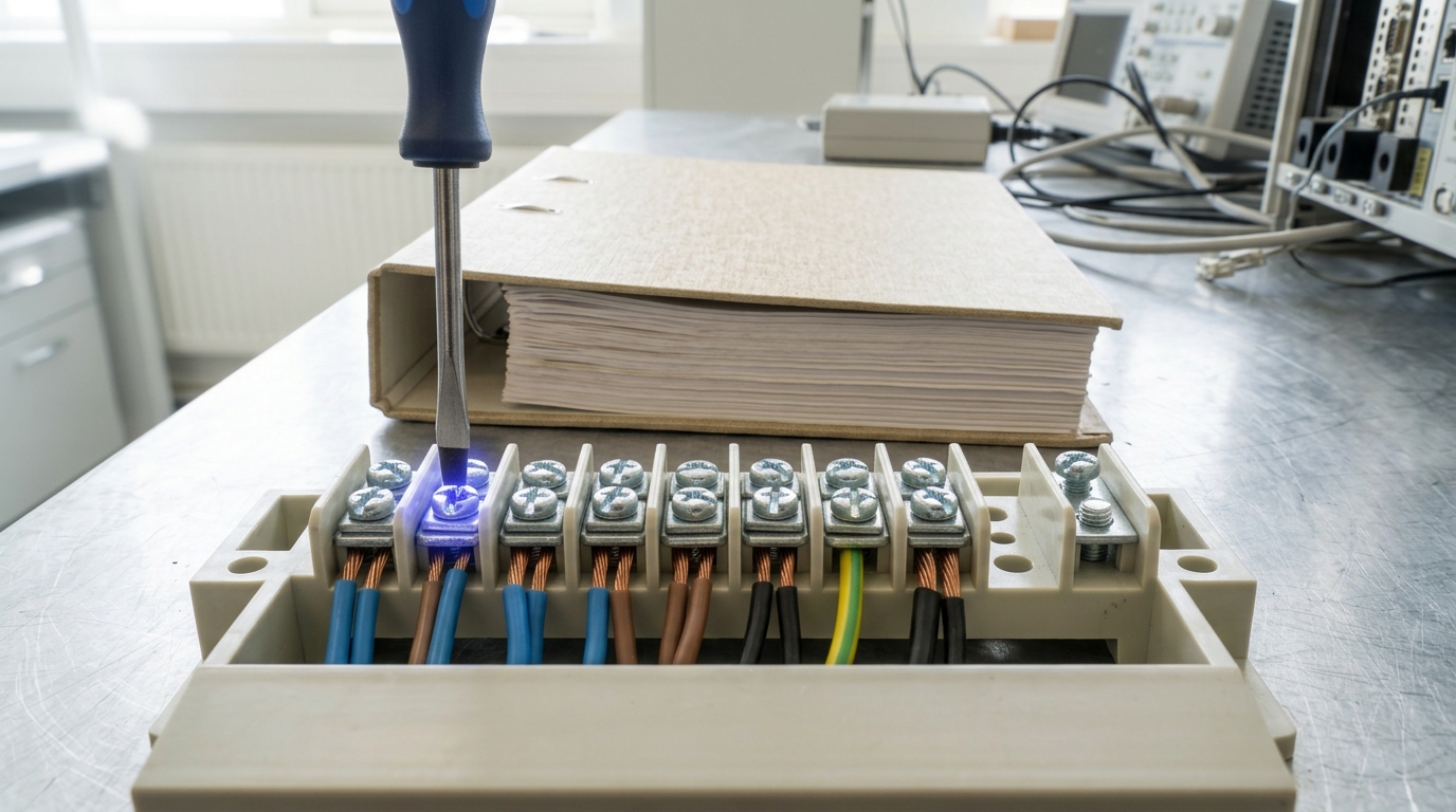 A screw-terminal frame on a lab bench with one terminal caught mid-tightening, a flat screwdriver blade still resting in its slot, a closed paper reference binder lying beside it and one further terminal along the row still bare