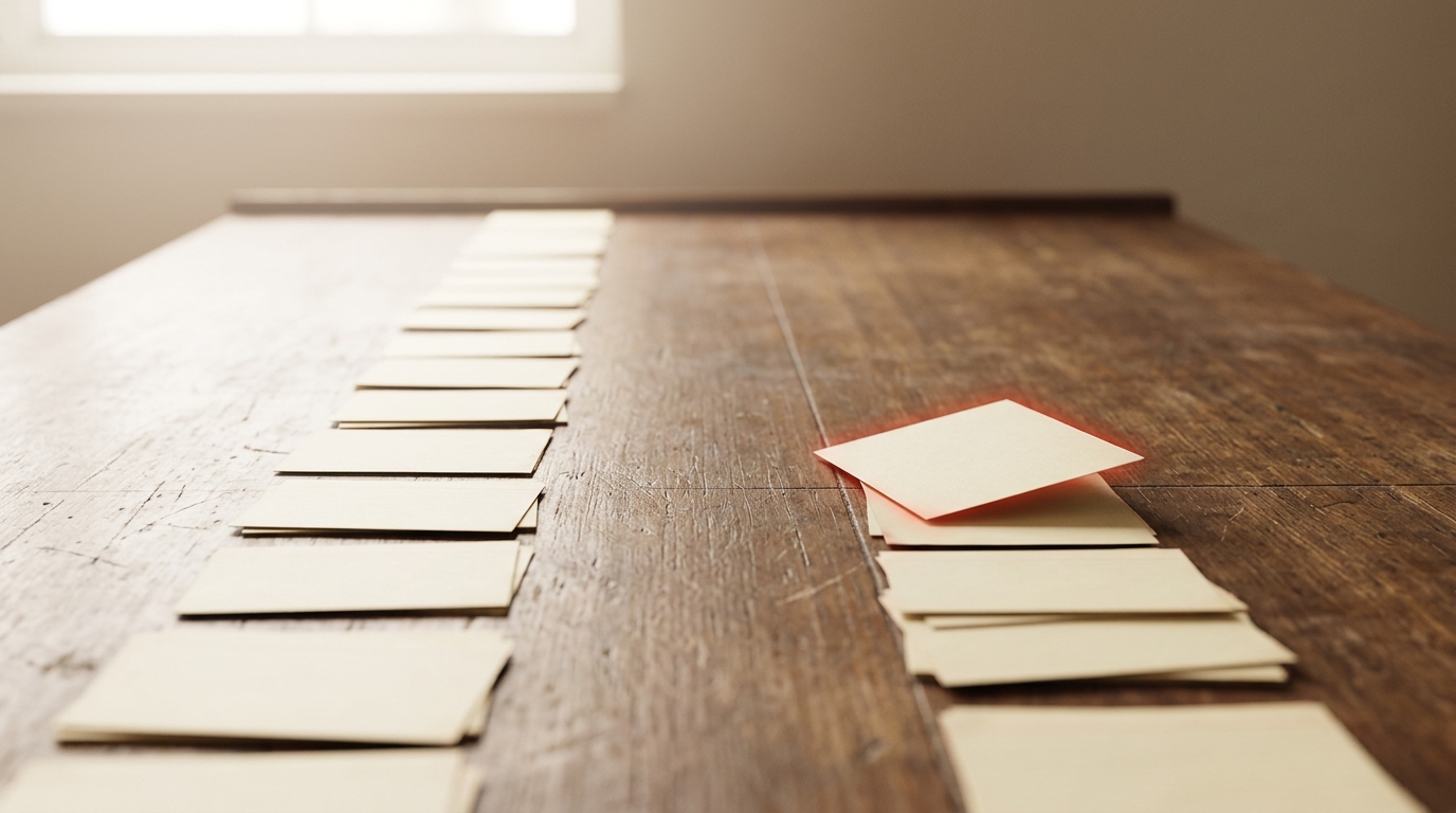 Two parallel tracks of index cards laid down a desk, a short track reaching nearly to a finish line at the far end and a much longer track of cards stopped well short of the same line