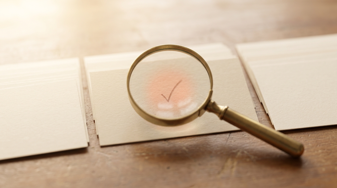 A magnifying glass held just above one index card near the end of the row, catching a small independent checkmark on that card while the cards around it carry none