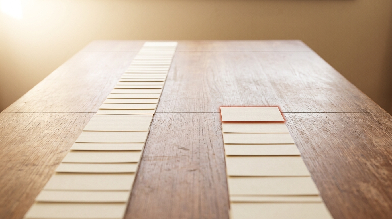 A row of small index cards laid left to right across a mathematician's desk in generational sequence, one new card caught mid-slide into the row as an older card is being nudged toward a discard tray at the desk's edge