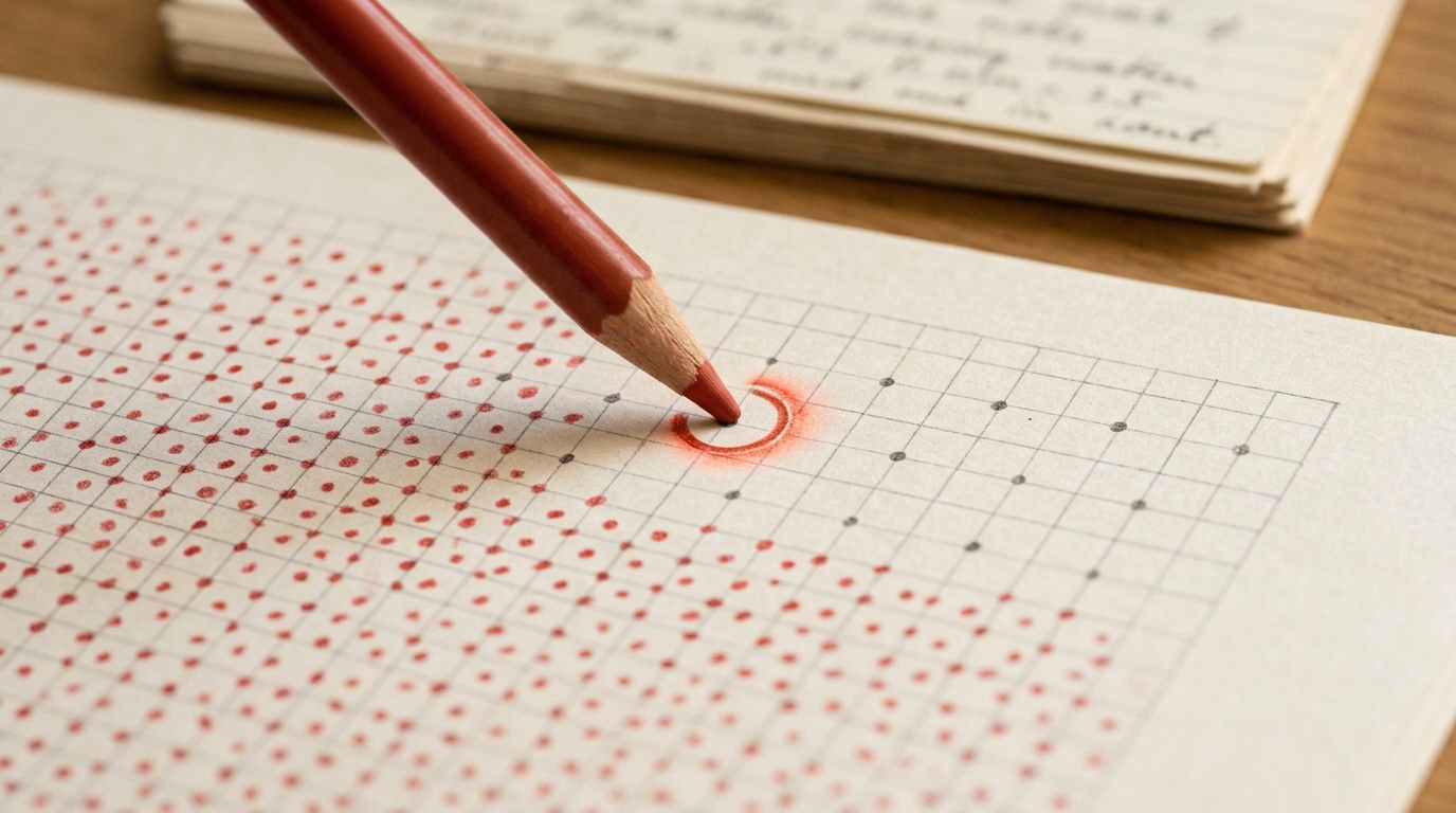 A red pencil tip caught mid-stroke marking one tally point among many on a lattice diagram on graph paper, most points already marked and a handful still bare