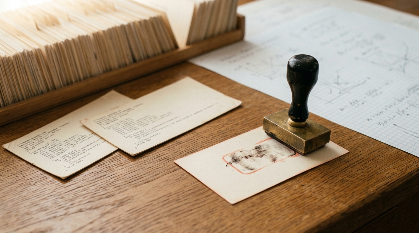 Two index cards laid side by side on a desk, a third blank card beside them just receiving a hand-set stamp of a version label, the stamp still lifting away from the paper