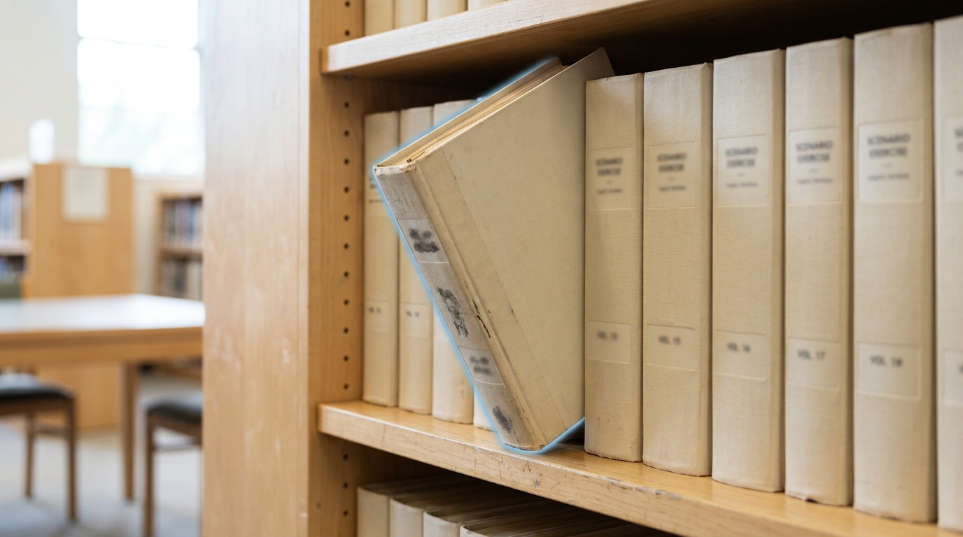 A shelf of archived scenario-planning binders from past exercises, one binder pulled halfway out.