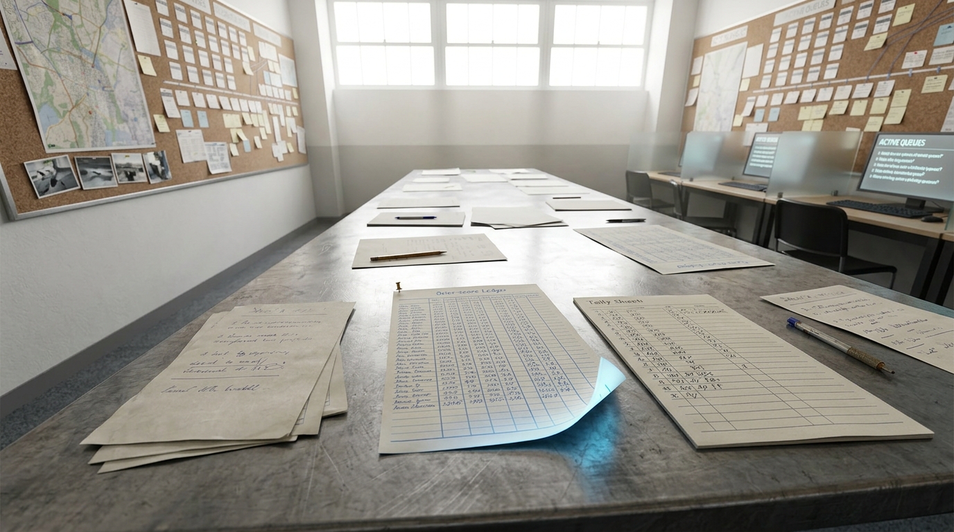 A wide scoring room with a long steel table covered in tally sheets and probability ledgers, forecasters' terminals along the back wall, morning light through tall windows.