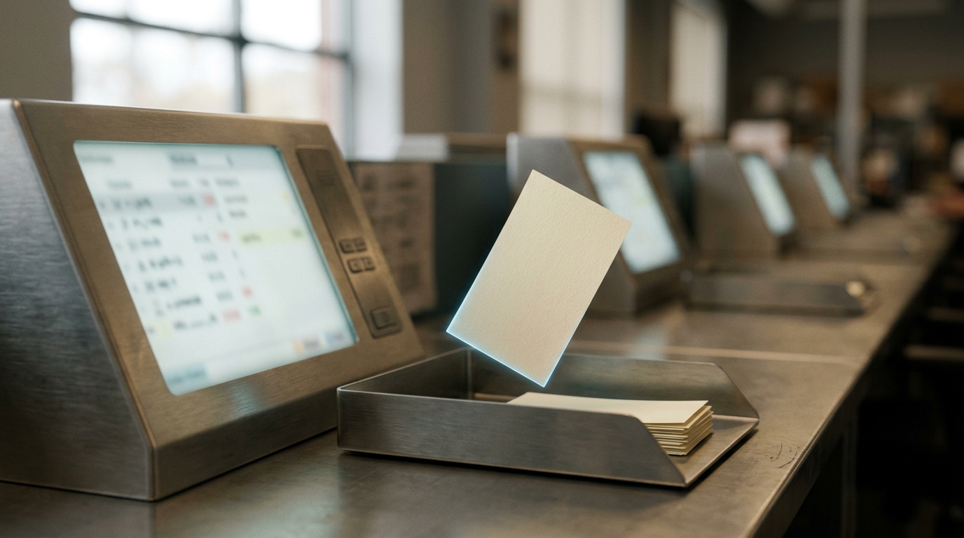 A desk terminal showing a softly glowing order queue, a trader's hand-off tray beside it holding a stack of order slips.