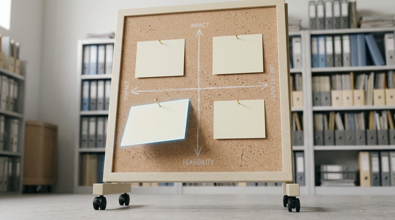 A rolling scenario-matrix board with four quadrant cards pinned, one corner card still being repositioned.