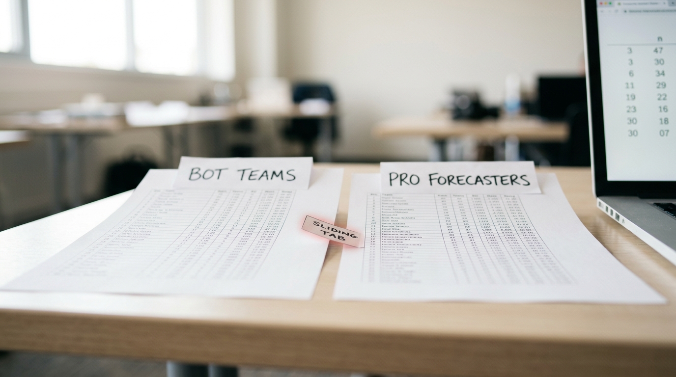 Two printed leaderboard sheets on a table, one for bot forecasters and one for human professionals, with a hand-labelled paper tab being slid between them