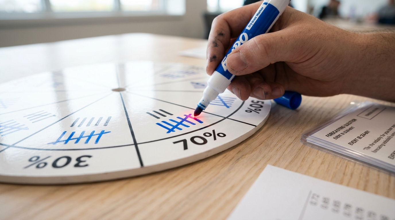 A dry-erase calibration wheel divided into probability bins with a marker resting mid-stroke on the seventy-percent segment beside stacked question cards