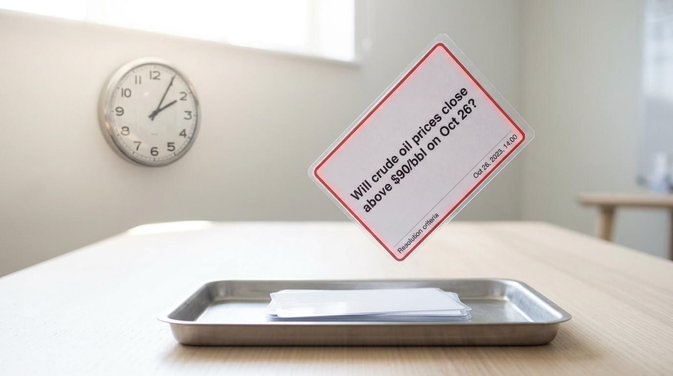 A single laminated question card being turned face down into a resolved tray as a wall clock behind it shows the horizon date just passing