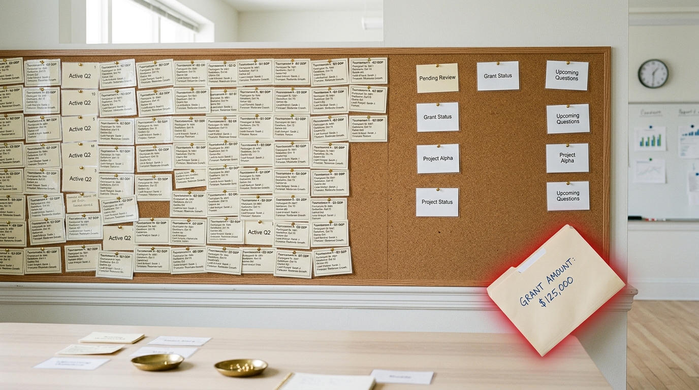 A wide corkboard with dense clusters of pinned question cards on one side and a single sparse cluster on the other, with a hand-labelled grant folder propped below the sparse side