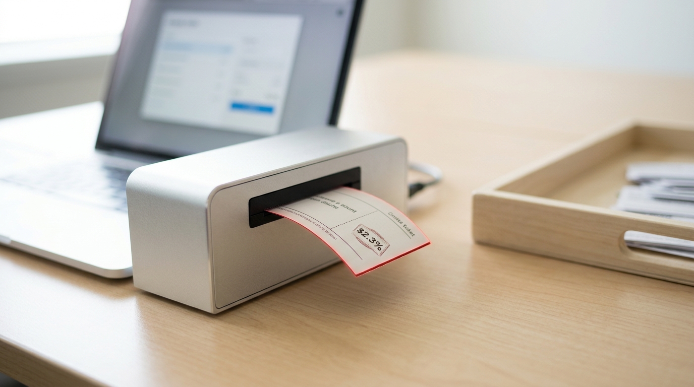 A shallow tray of printed prediction-market contract tickets with one ticket caught being stamped as it slides from an open laptop's printer slot