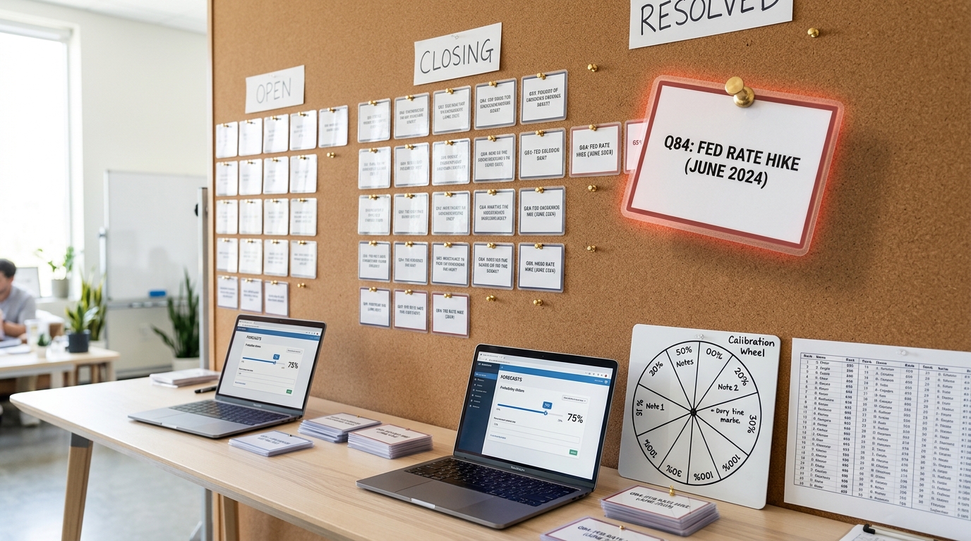A forecasting-tournament operations room with a corkboard of pinned question cards, open laptops showing probability sliders, and a laminated question card caught mid-air being pinned to the board