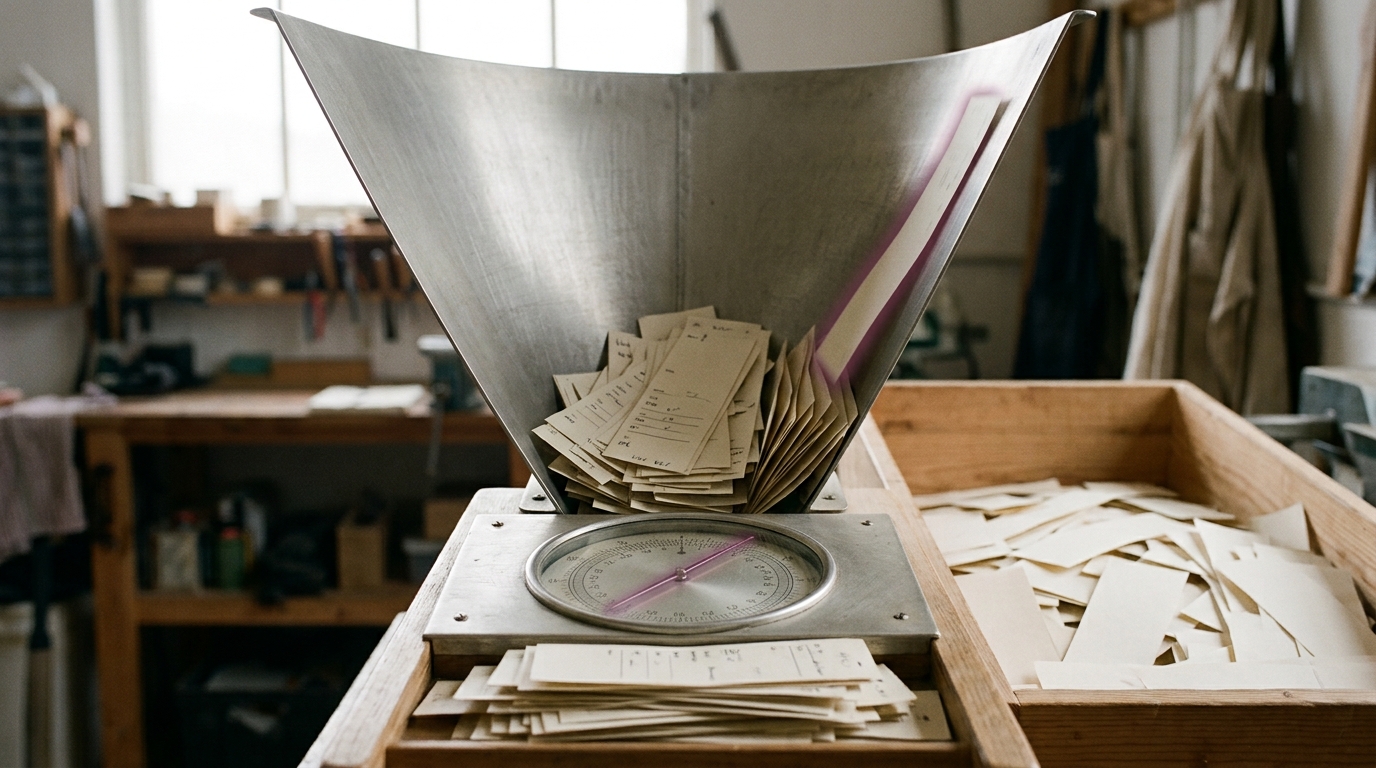 A mechanical aggregation tray with many small weighted paper slips feeding down a funnel toward a single reading dial
