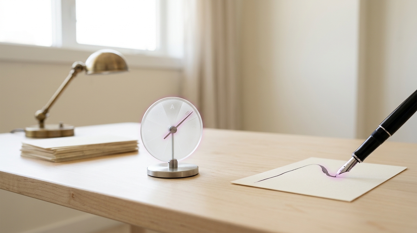 A single forecaster's desk with a probability-wheel calibration trainer, an index card, and a pen resting mid-entry