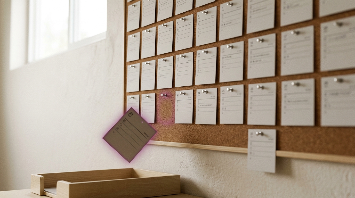 A corkboard of dated question cards with one card being unpinned and moved toward a resolved tray