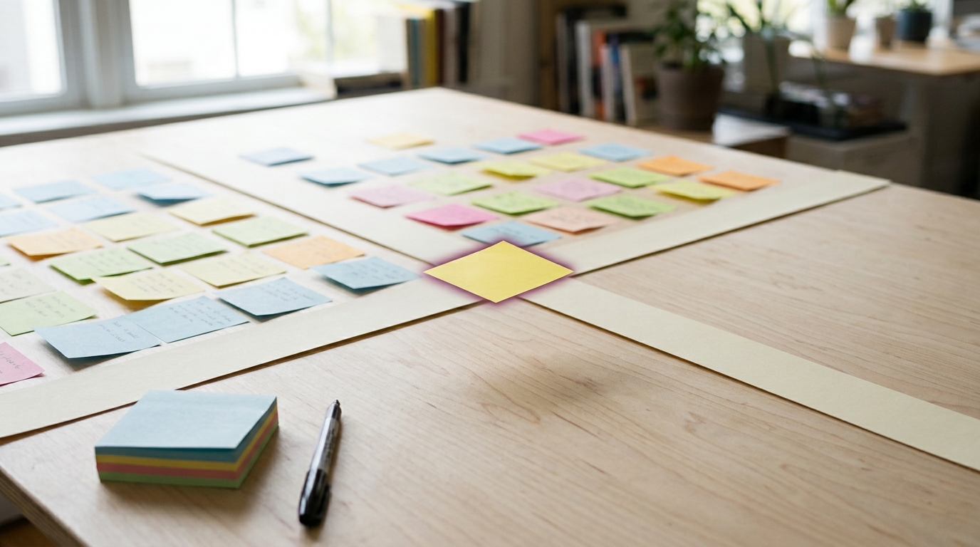 A large worktable with sticky notes being arranged onto two crossed axis strips, one note held mid-placement over a quadrant