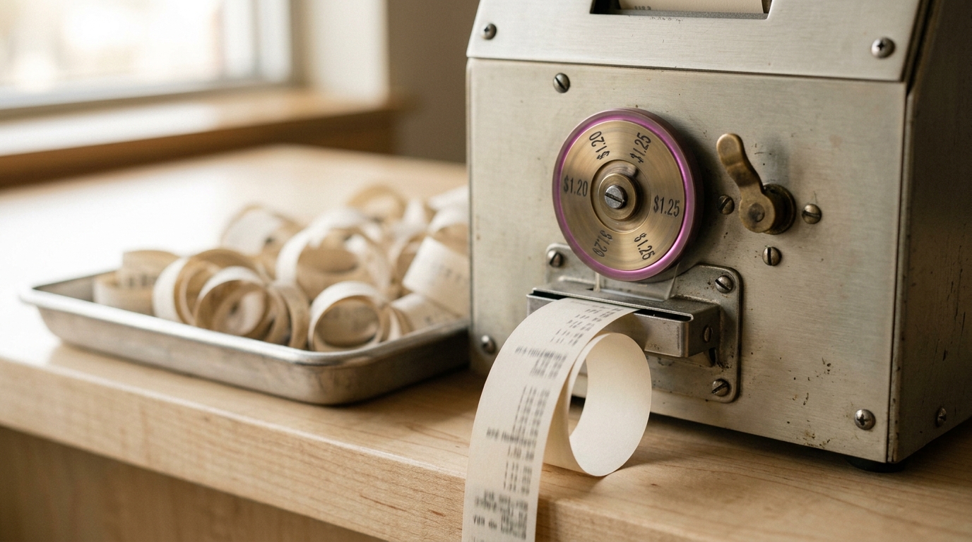 A paper-tape market ticker and order-book printer with a curl of tape mid-feed and a price wheel just turned