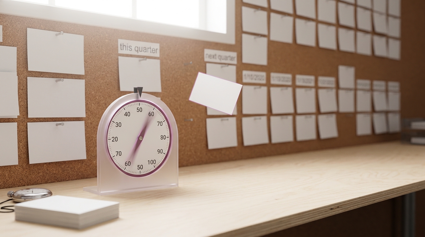 A forecasting tournament workroom with a wall of resolution-criteria index cards and a probability-wheel trainer on the front table, caught mid-session