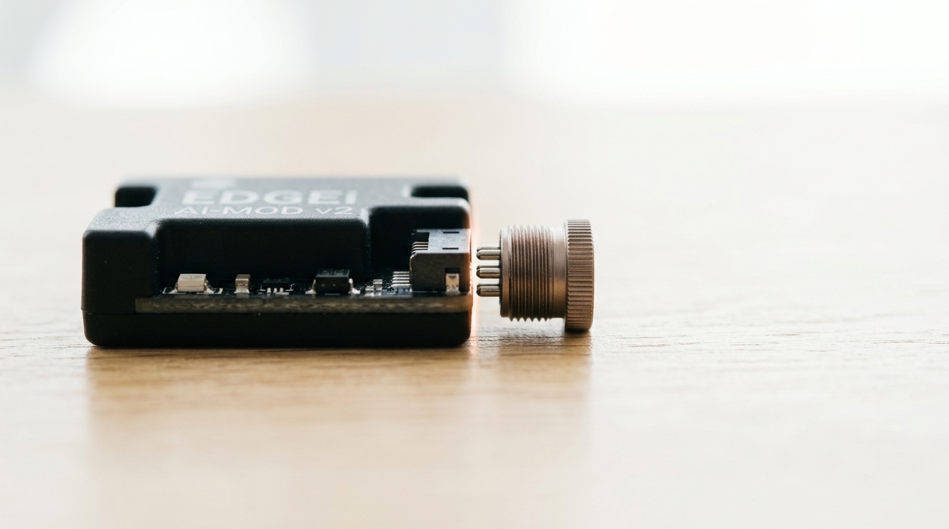 An EV traction-inverter mockup on a bright bench with a wide- bandgap power module mounted inside it, a test probe caught touching down on the module, no datacenter or GPU imagery anywhere in frame