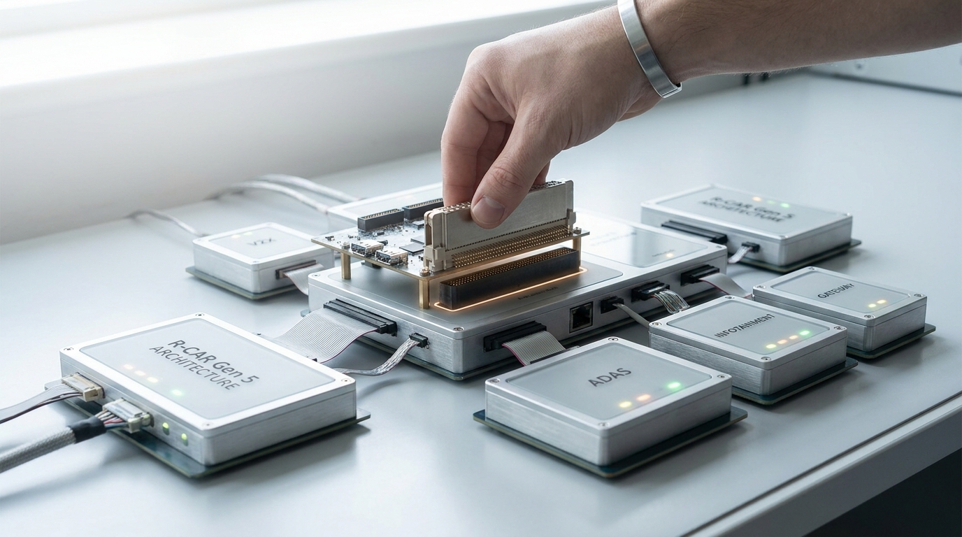 A silicon photonics test module on a characterization bench in a bright specialty-fab lab, its fibre pigtail caught mid-connection to a test port, not yet seated
