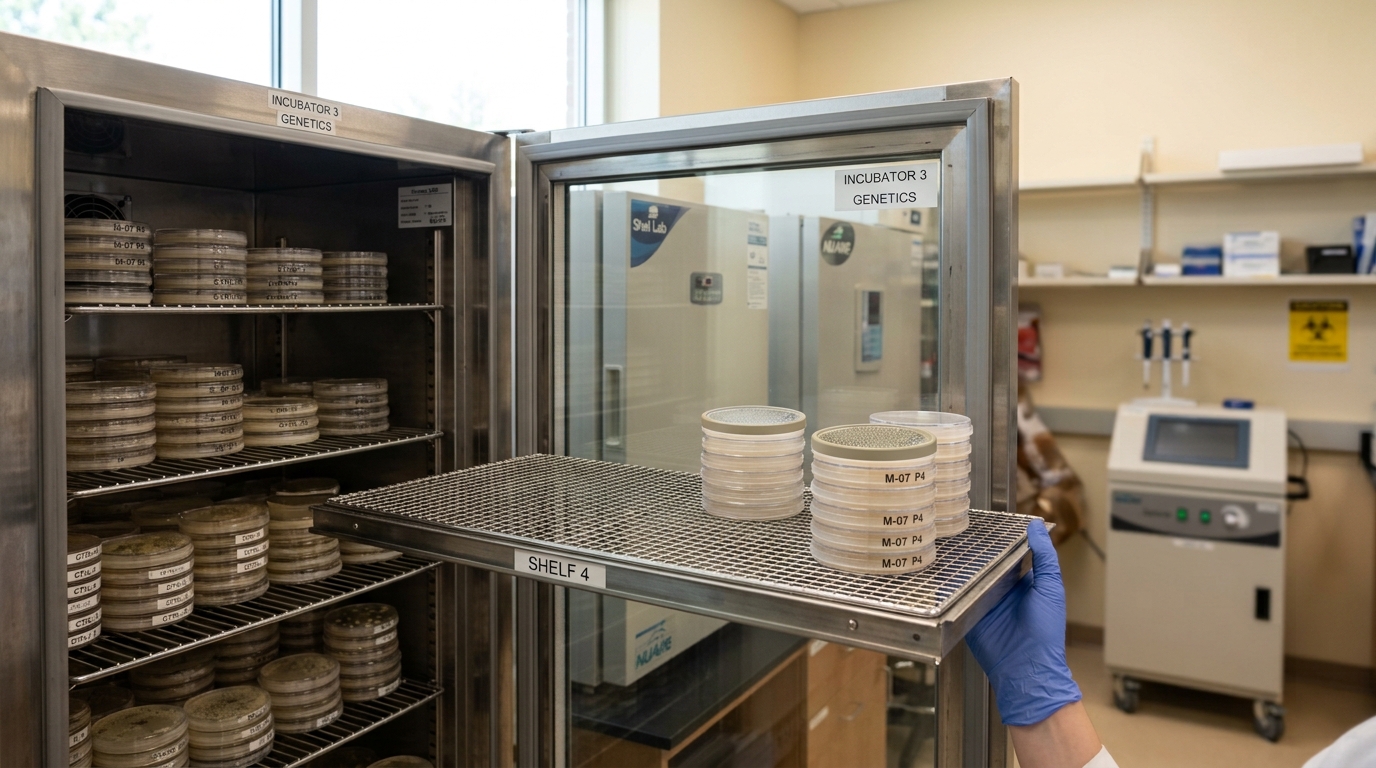 Rows of stacked fluctuation-test culture plates half-slid from a tall stainless incubator tower in a mutation-genetics laboratory, one stack's colonies visibly denser than its neighbors