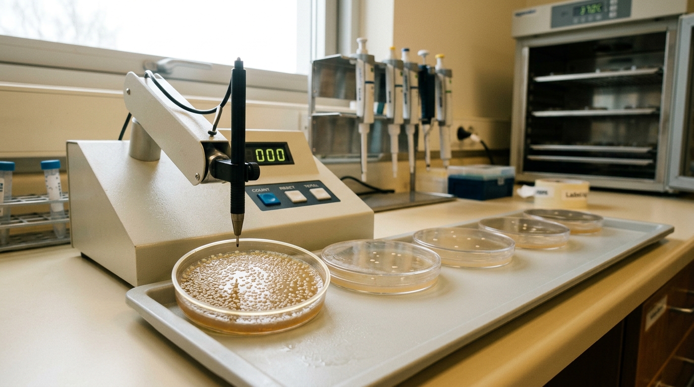 A single crowded culture plate under an electronic colony counter's poised marking pen, its neighboring plates on the same tray far sparser