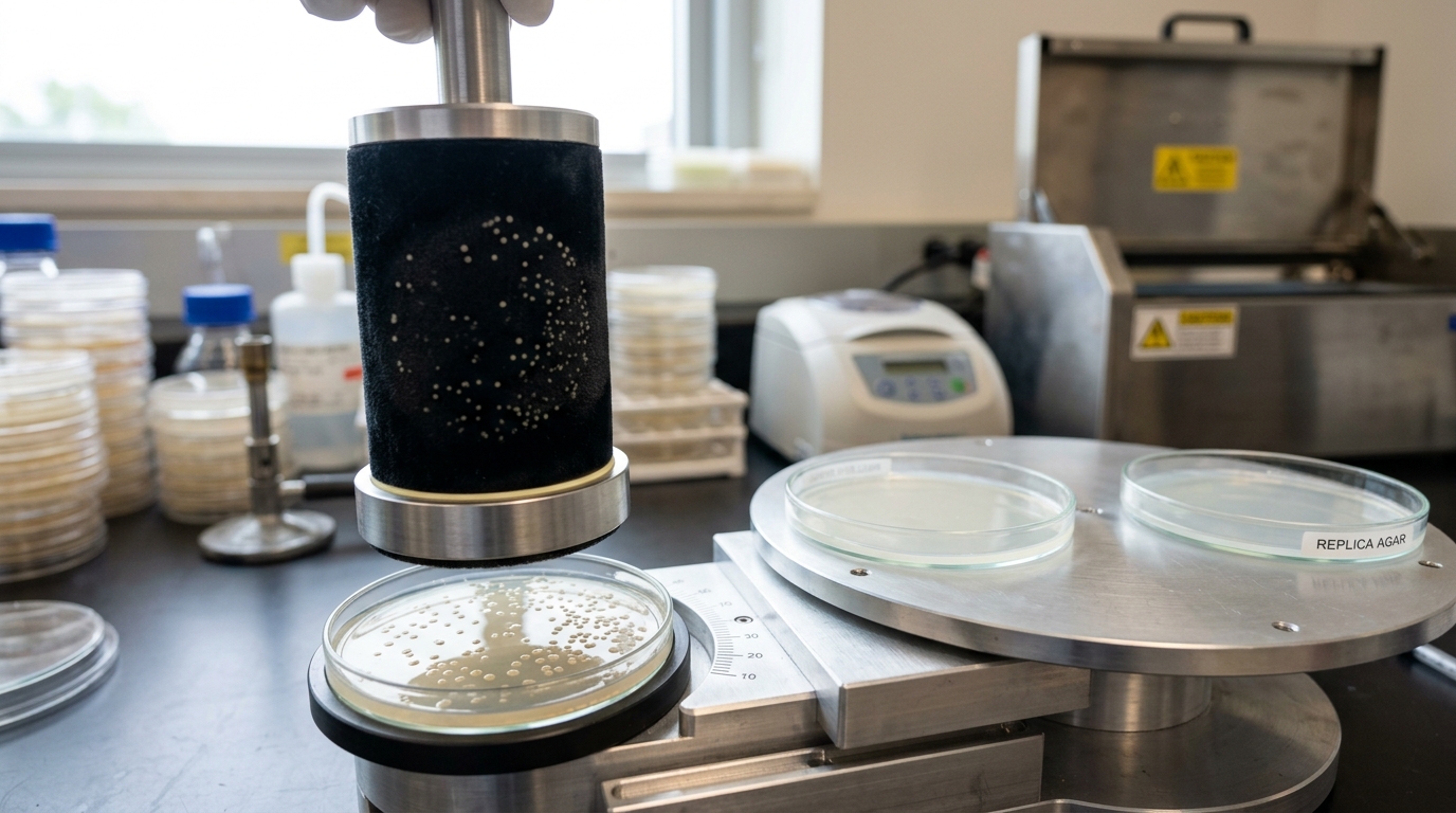 A velvet-covered replica-plating stamp lifted mid-transfer above a master culture plate, its nap holding a faint print of the colony pattern, blank plates waiting on the jig